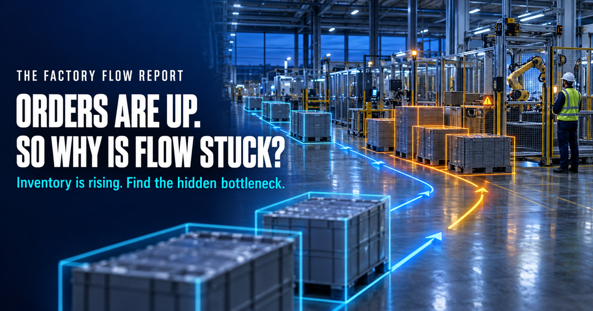 News-style industrial image showing a modern factory aisle, stacked work-in-process inventory and blue visual analytics highlighting a production bottleneck.
