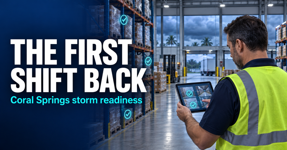 AI-generated news-style illustration of an operations manager reviewing a visual readiness checklist inside a modern warehouse before a storm.