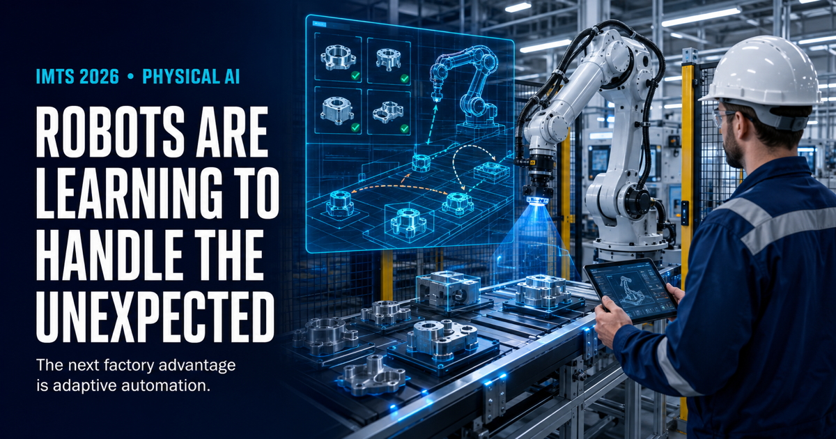 Technology-news cover showing machine vision guiding an adaptive industrial robot in a modern U.S. factory.