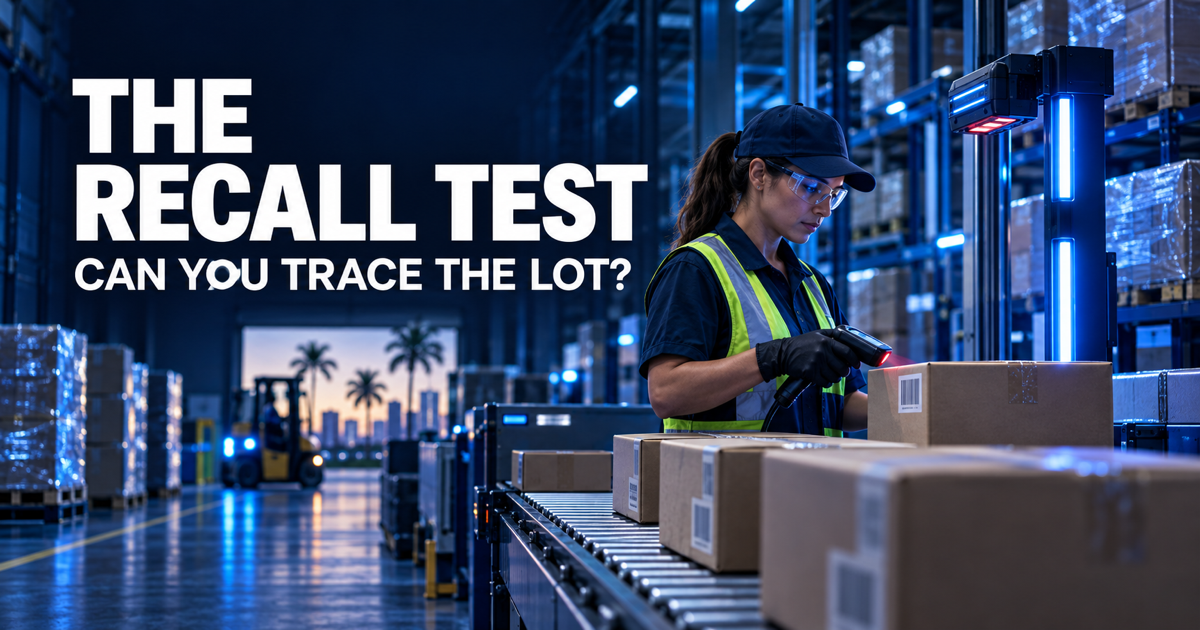 Food warehouse worker scanning a sealed carton beside a conveyor under blue lighting, with the headline The Recall Test.