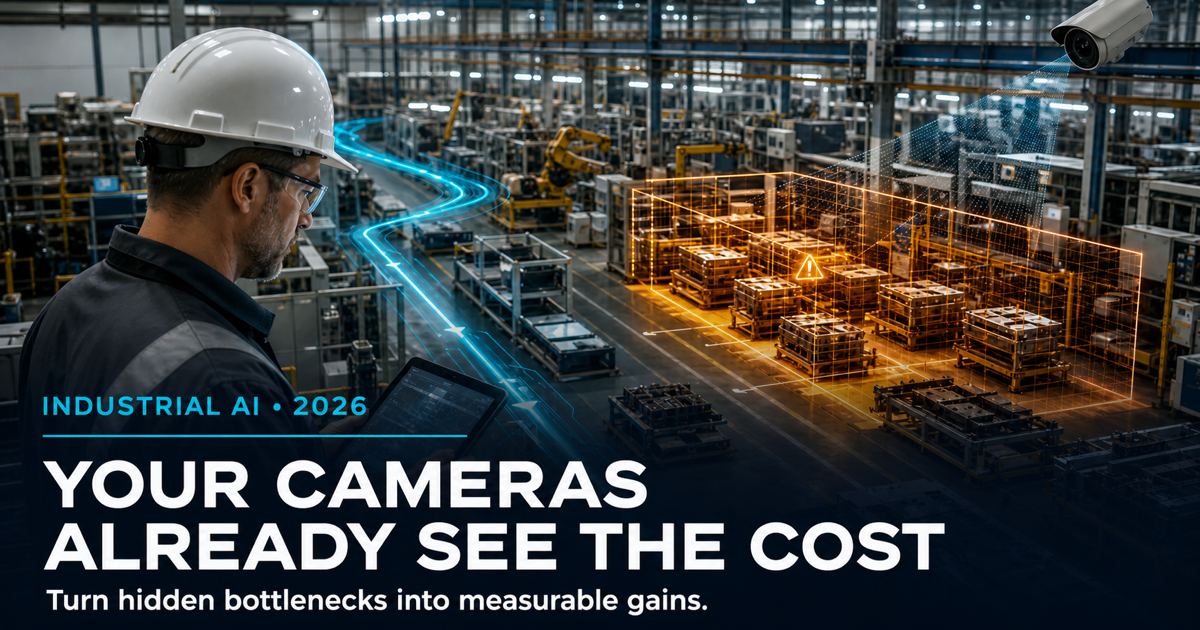 Technology-news cover showing a factory leader using visual AI to reveal hidden production bottlenecks and costs.