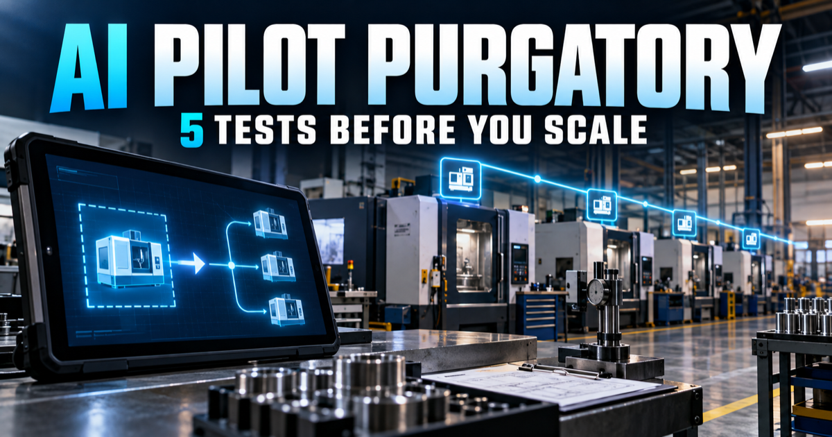 Connected CNC production line with an industrial tablet and the headline AI Pilot Purgatory: 5 Tests Before You Scale.