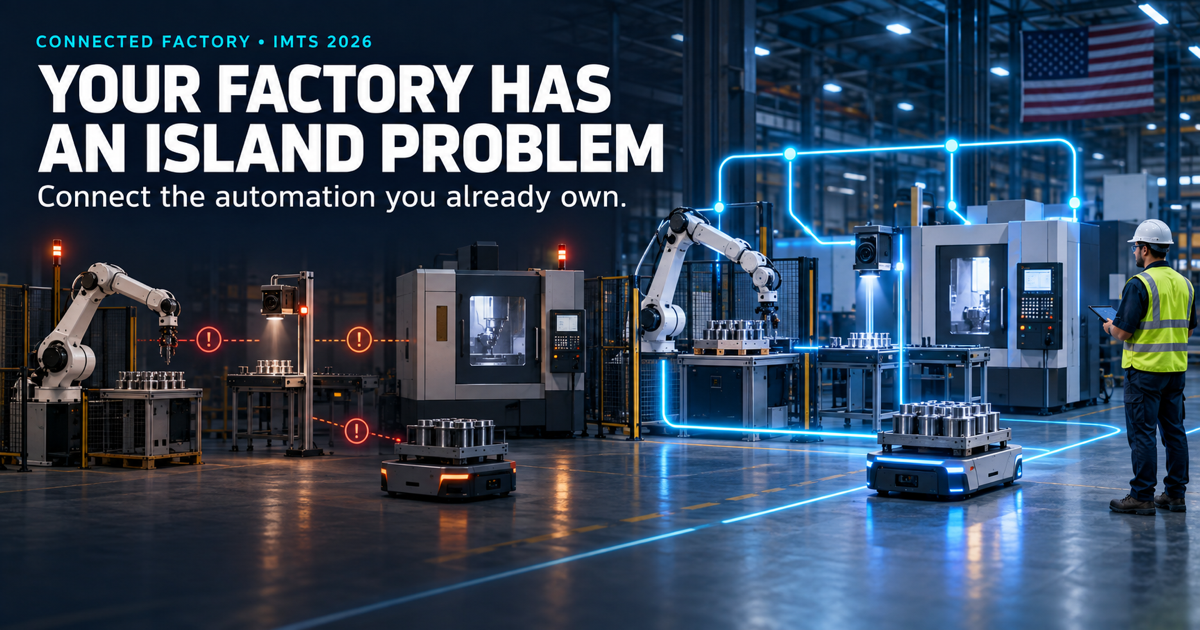 Technology-news cover showing robots, machine vision and material handling connected across a modern U.S. factory.